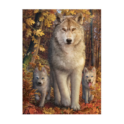 RGS Forest Wolves 1500 piece jigsaw puzzle showing a mother wolf with two wolf pups in an autumn forest artwork