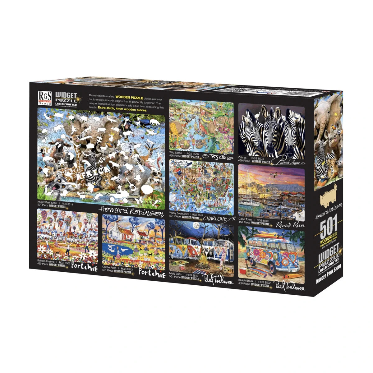 RGS Kruger Park Selfie widget puzzle box back showing puzzle range and product information