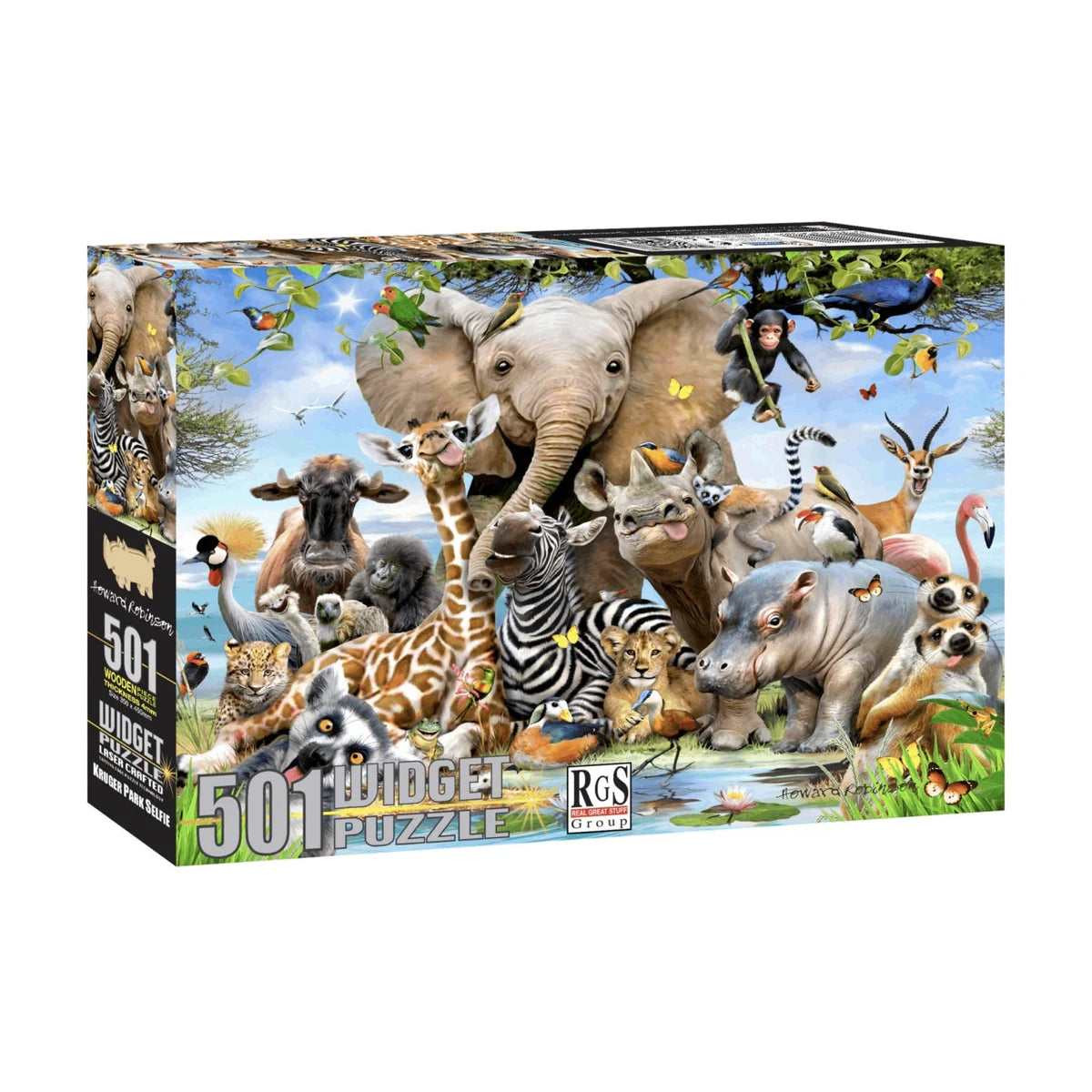 RGS Kruger Park Selfie widget puzzle 501 piece wooden laser cut puzzle box front view
