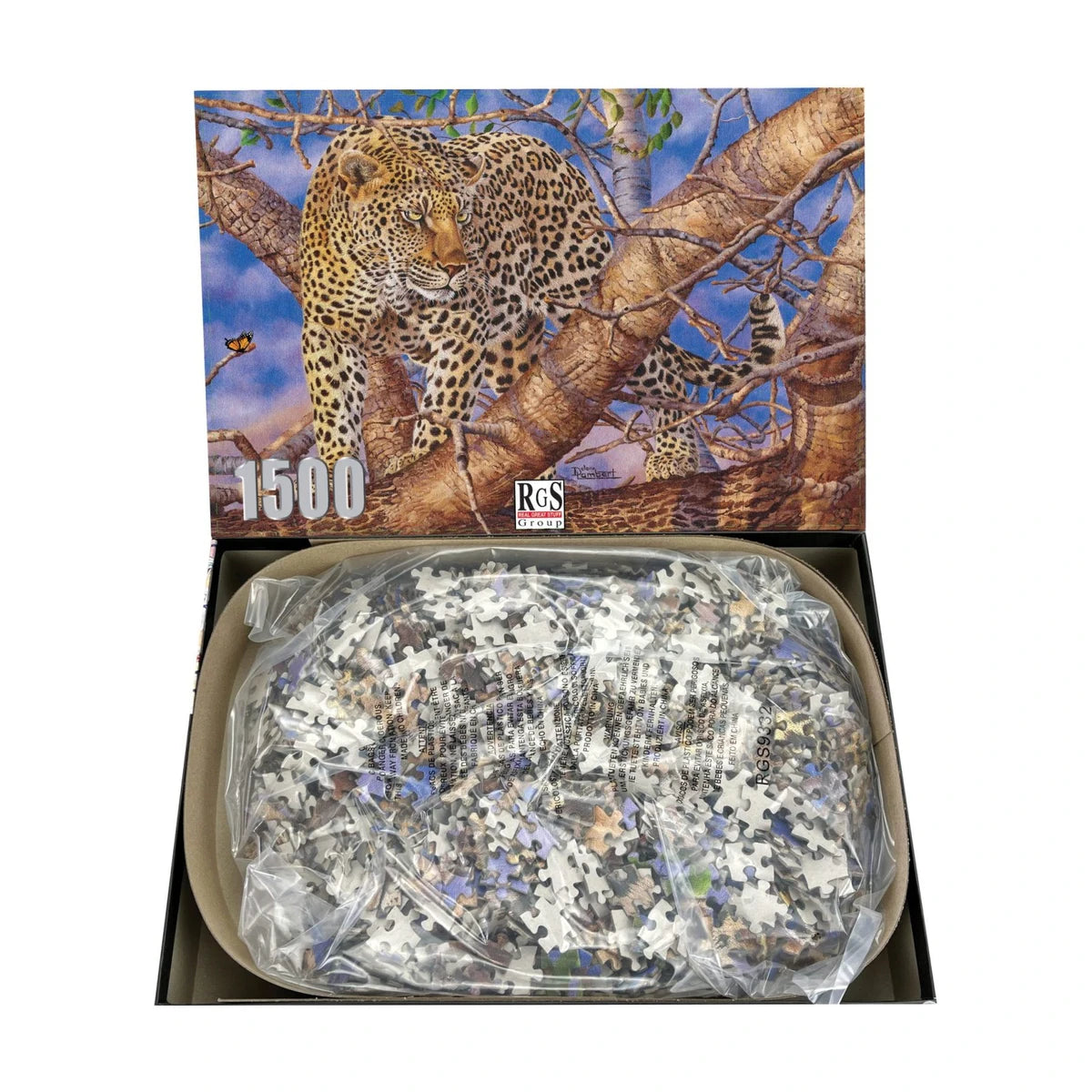 RGS Leopard’s Gaze 1500pc puzzle open box showing pieces inside and box art preview