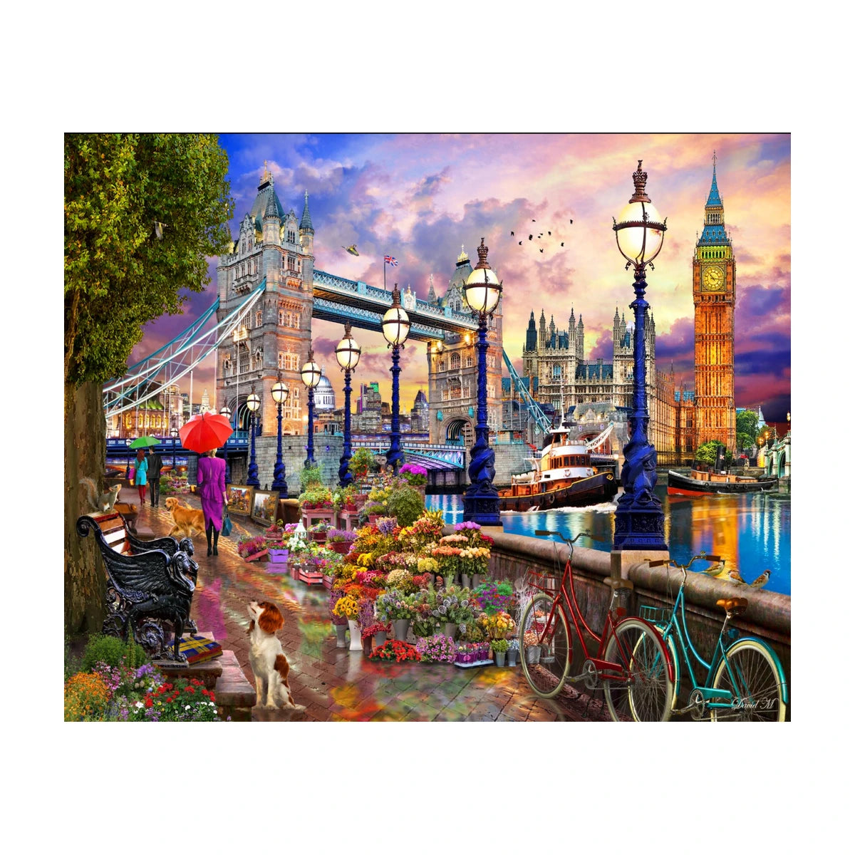 RGS London Promenade 1000 piece jigsaw puzzle artwork with Tower Bridge Big Ben and riverside flower market