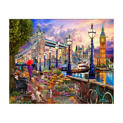 RGS London Promenade 1000 piece jigsaw puzzle artwork with Tower Bridge Big Ben and riverside flower market