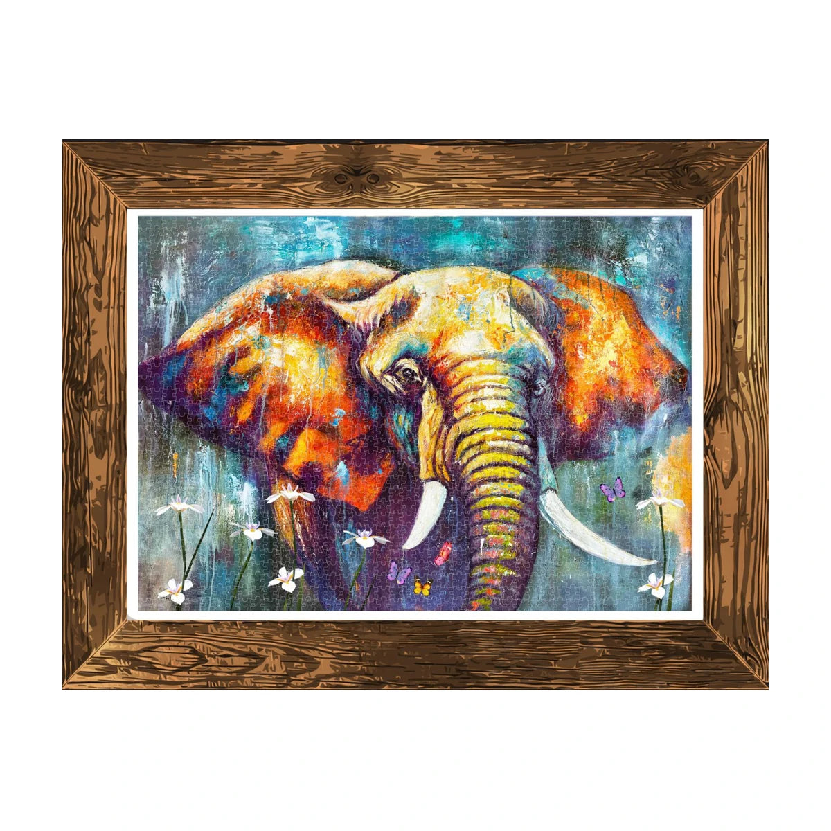 RGS Matriarch 1500 piece puzzle shown framed as colourful elephant wall art in a home setting