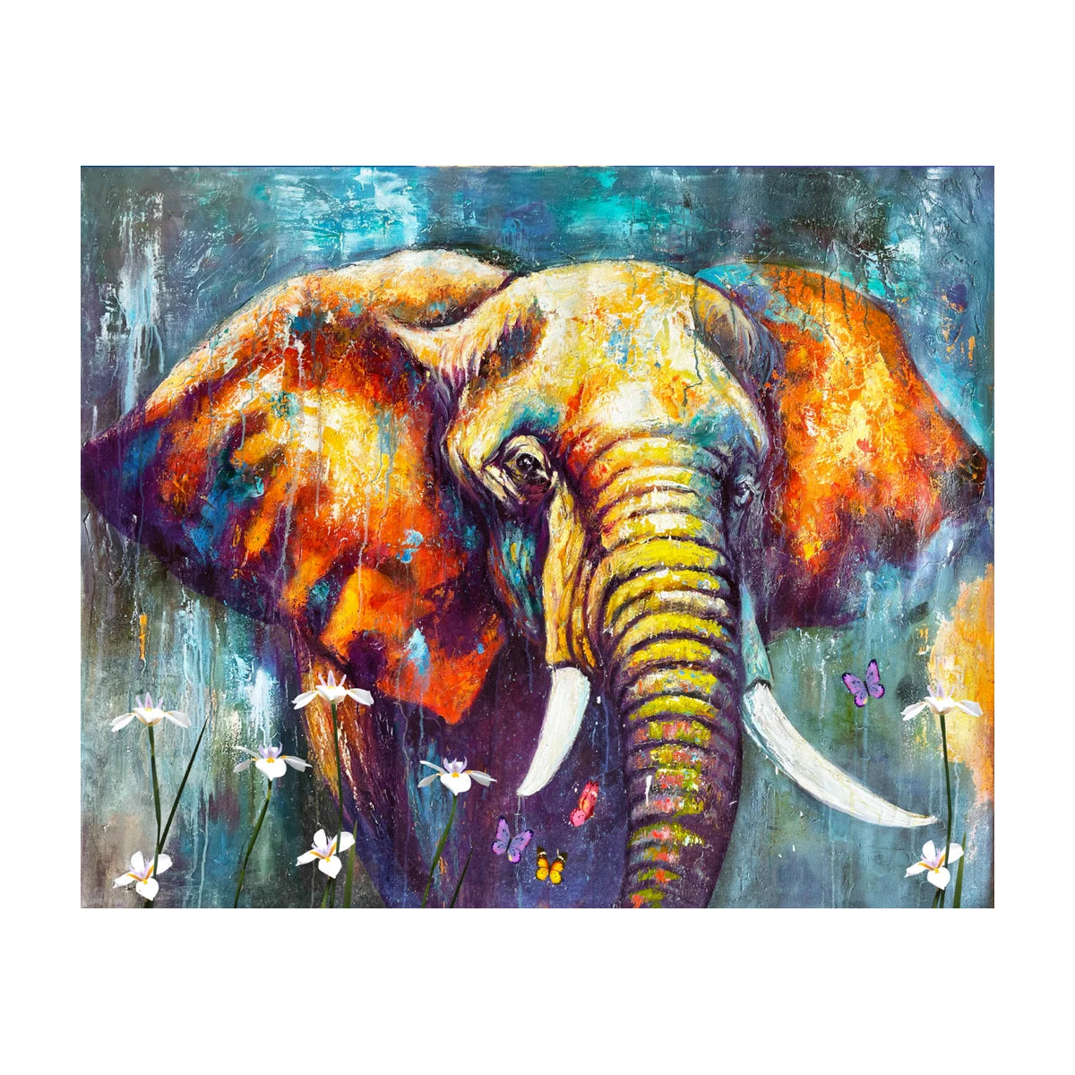RGS Matriarch 1500 piece jigsaw puzzle artwork featuring a colourful elephant portrait with white flowers and butterflies