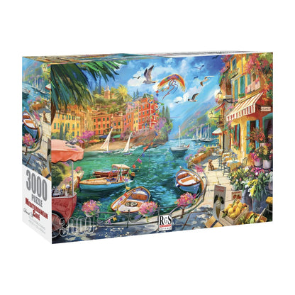 RGS Mediterranean Cafe 3000 piece puzzle box showing finished artwork and branding