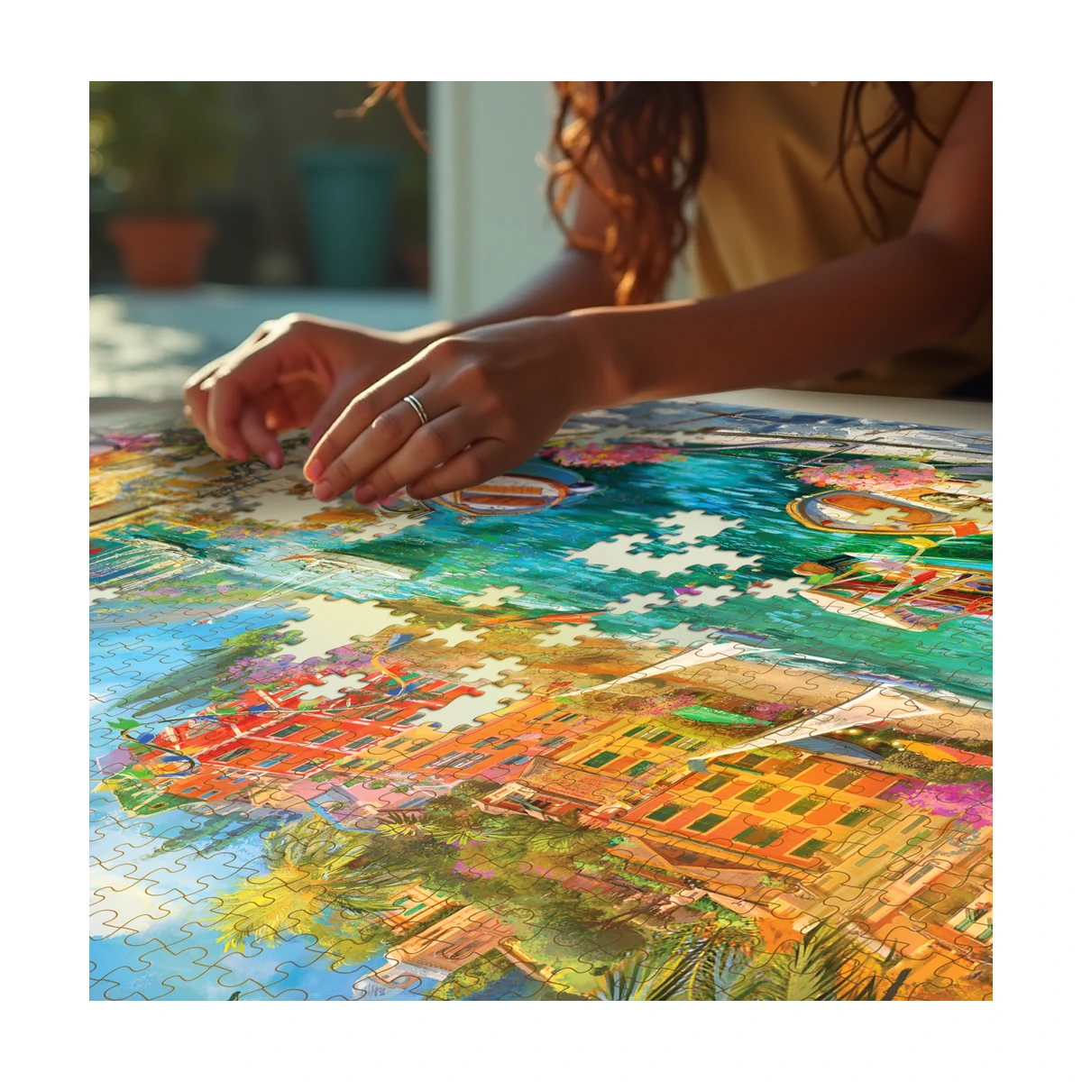 Person building Mediterranean Cafe jigsaw puzzle showing colourful pieces and relaxing activity
