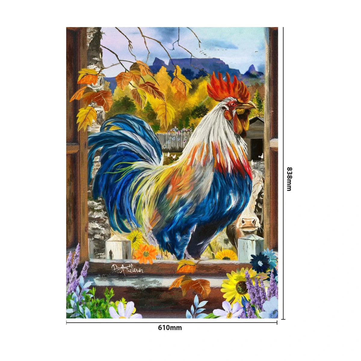 RGS Rooster in the Window 1500 piece puzzle finished size 838 x 610mm dimensions reference image