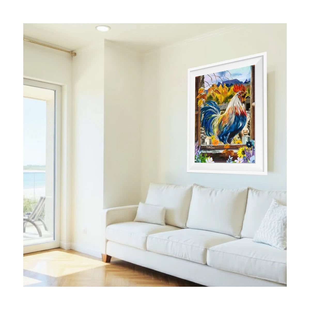 RGS Rooster in the Window 1500 piece puzzle shown framed as farmhouse style wall art in a bright living space