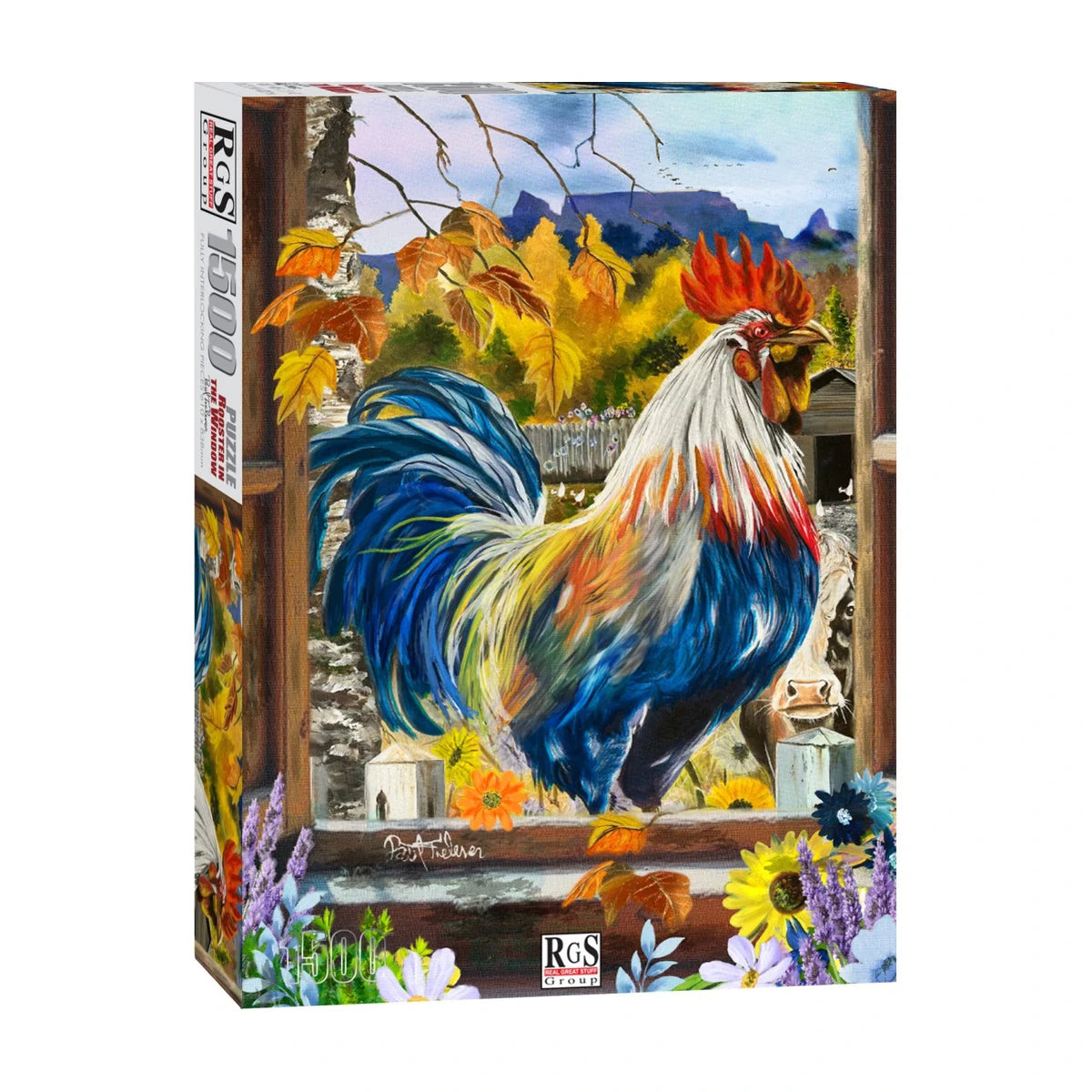 RGS Rooster in the Window 1500 piece jigsaw puzzle box packaging showing the rooster window artwork preview