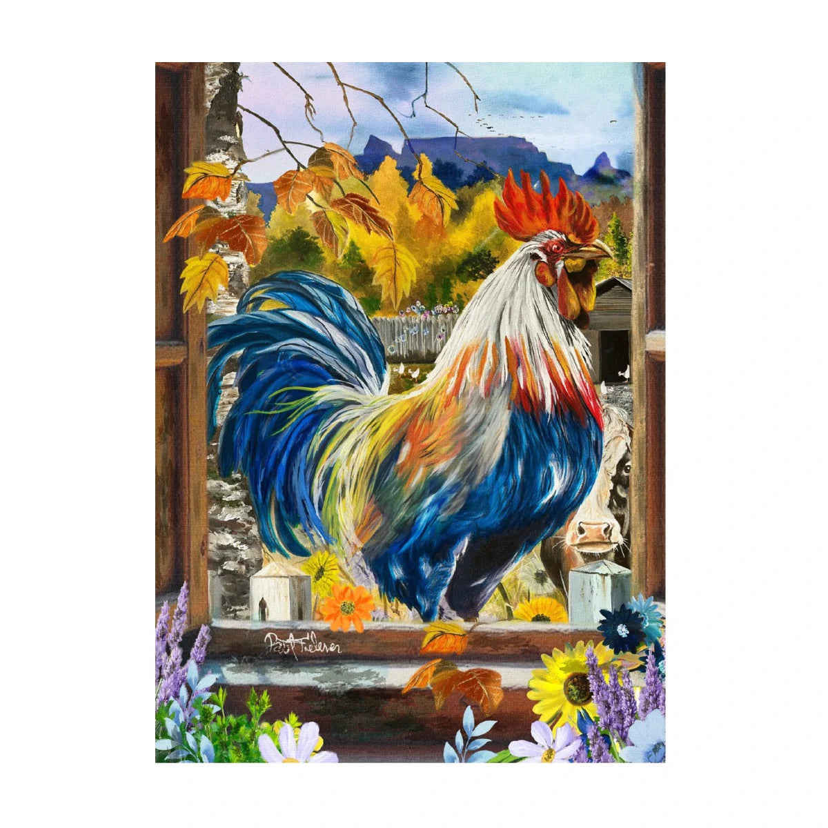 RGS Rooster in the Window 1500 piece jigsaw puzzle artwork featuring a colourful rooster in a kitchen window with autumn leaves
