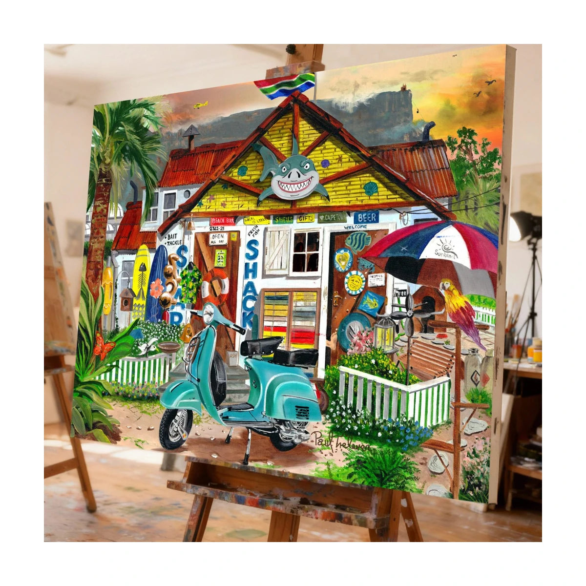 Finished RGS The Beach Shack 1000pc puzzle displayed on an easel coastal beach shack scene