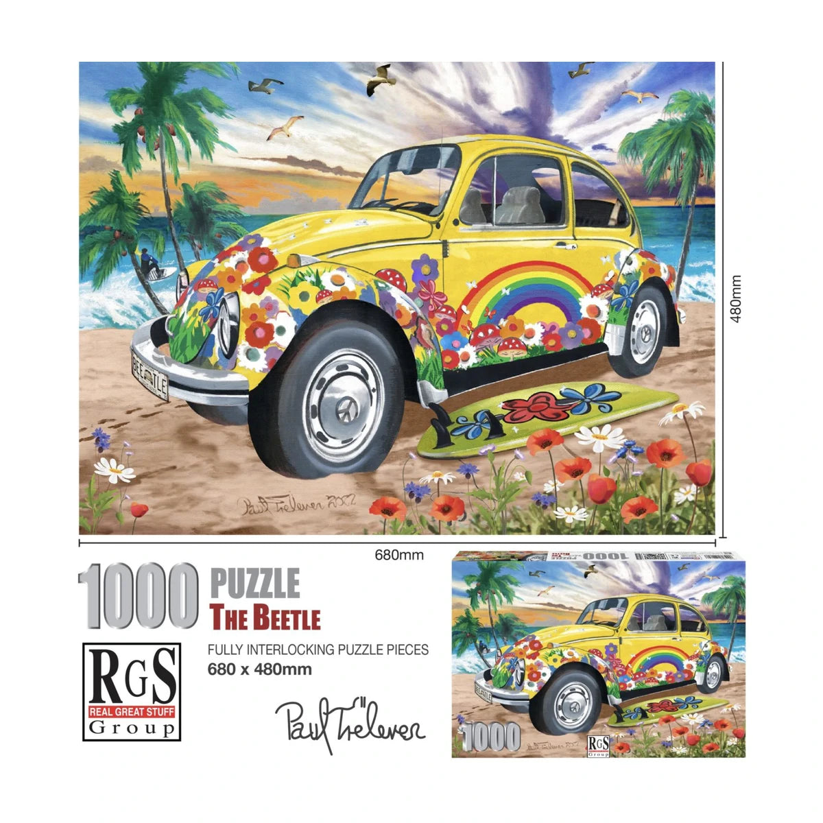 RGS The Beetle 1000 piece puzzle dimensions image showing finished size 680 x 480mm fully interlocking pieces