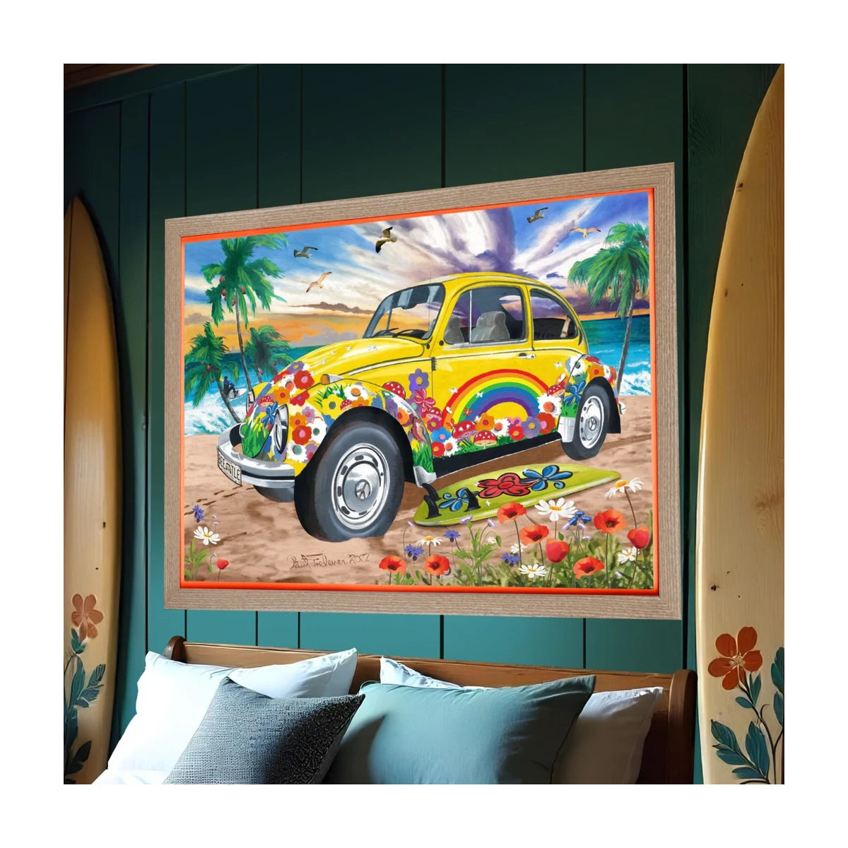 RGS The Beetle 1000 piece jigsaw puzzle lifestyle image framed wall art look colourful retro beetle scene