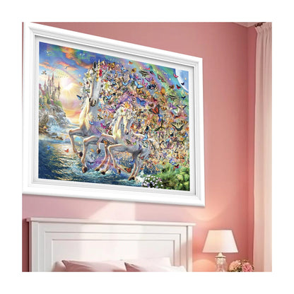 RGS Unicorn Sunset 1000 piece puzzle shown framed as colourful fantasy wall art in a room setting
