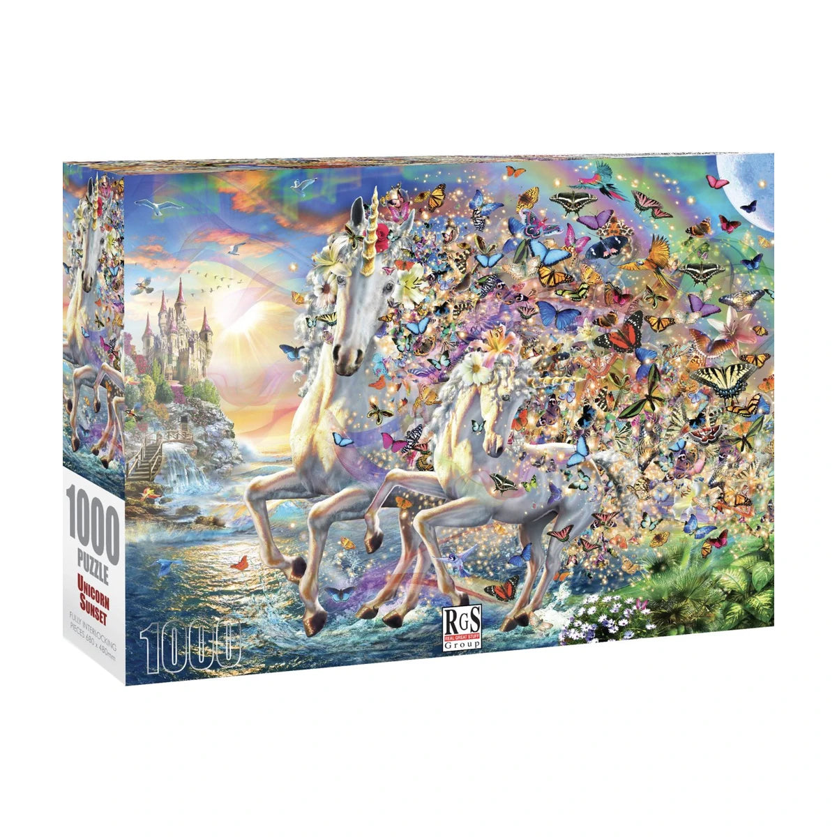 RGS Unicorn Sunset 1000 piece jigsaw puzzle box packaging showing the fantasy unicorn sunset artwork preview