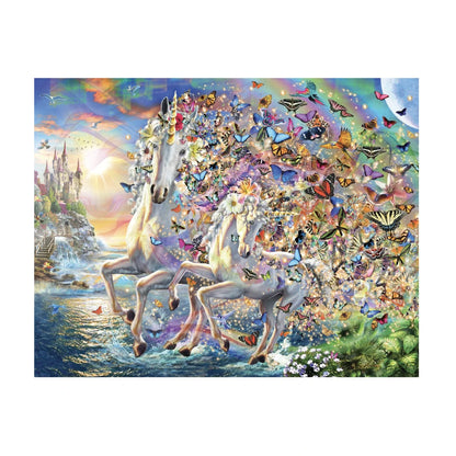 RGS Unicorn Sunset 1000 piece jigsaw puzzle artwork with unicorns butterflies and glowing sunset fantasy scene