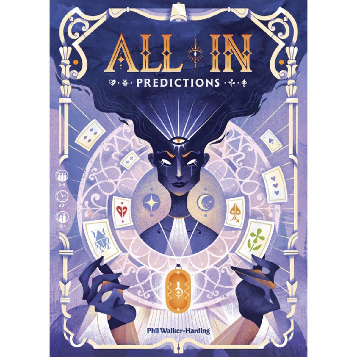 All In Predictions Card Game front cover artwork featuring a mystical Foreteller surrounded by playing cards