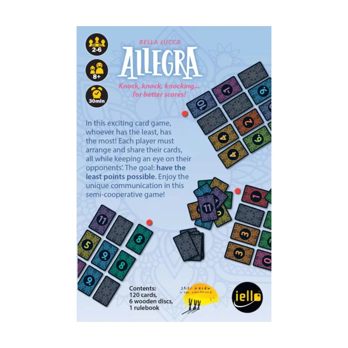Allegra low score family card game back image with gameplay overview and contents