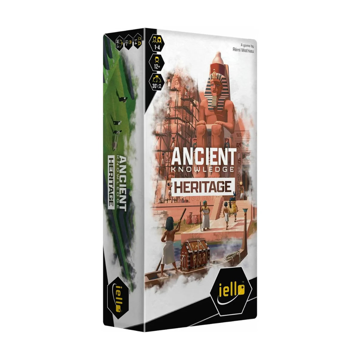 Ancient Knowledge Heritage Expansion by IELLO angled box showing Egyptian heritage artwork for the strategic card game add-on