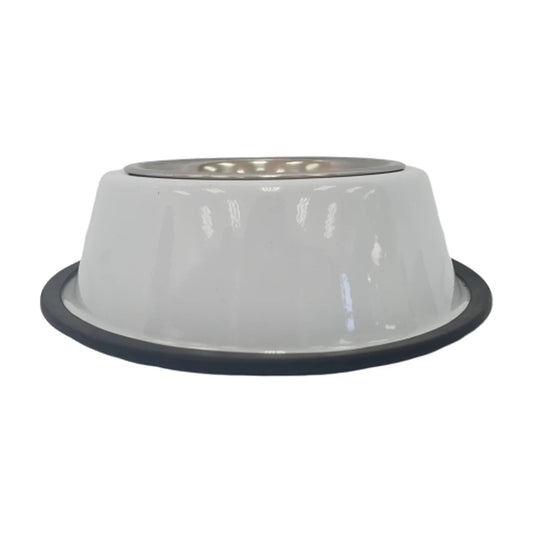 Cream 475 ml anti-skid detachable pet bowl with stainless steel interior and dark non-slip base ring, shown from the side on a white background for everyday cat and dog feeding.