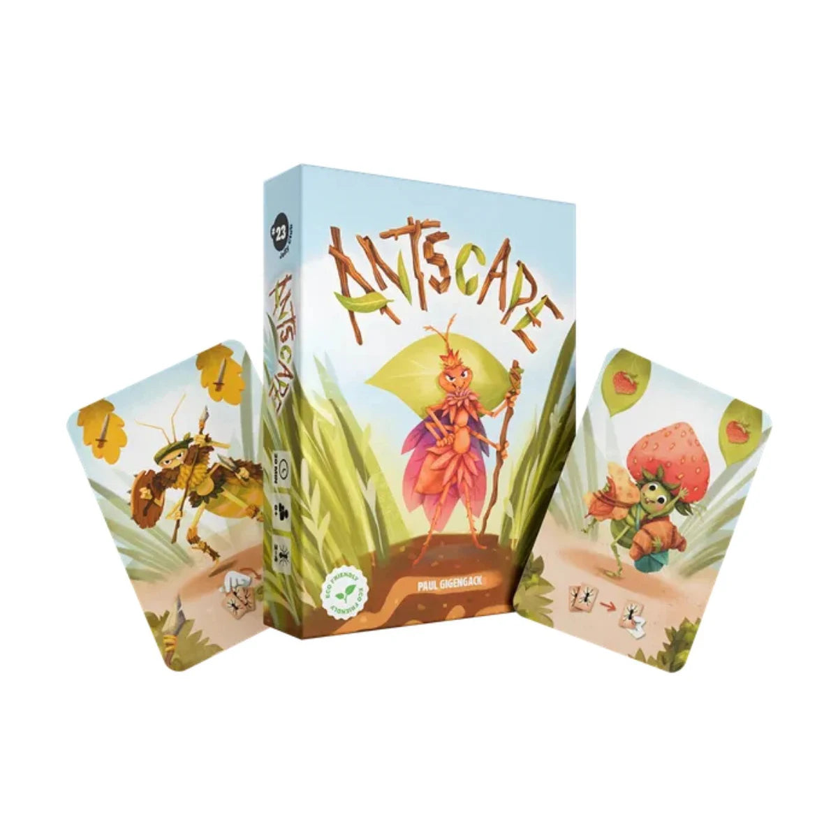 Antscape Card Game box by Jolly Dutch displayed with illustrated ant character cards