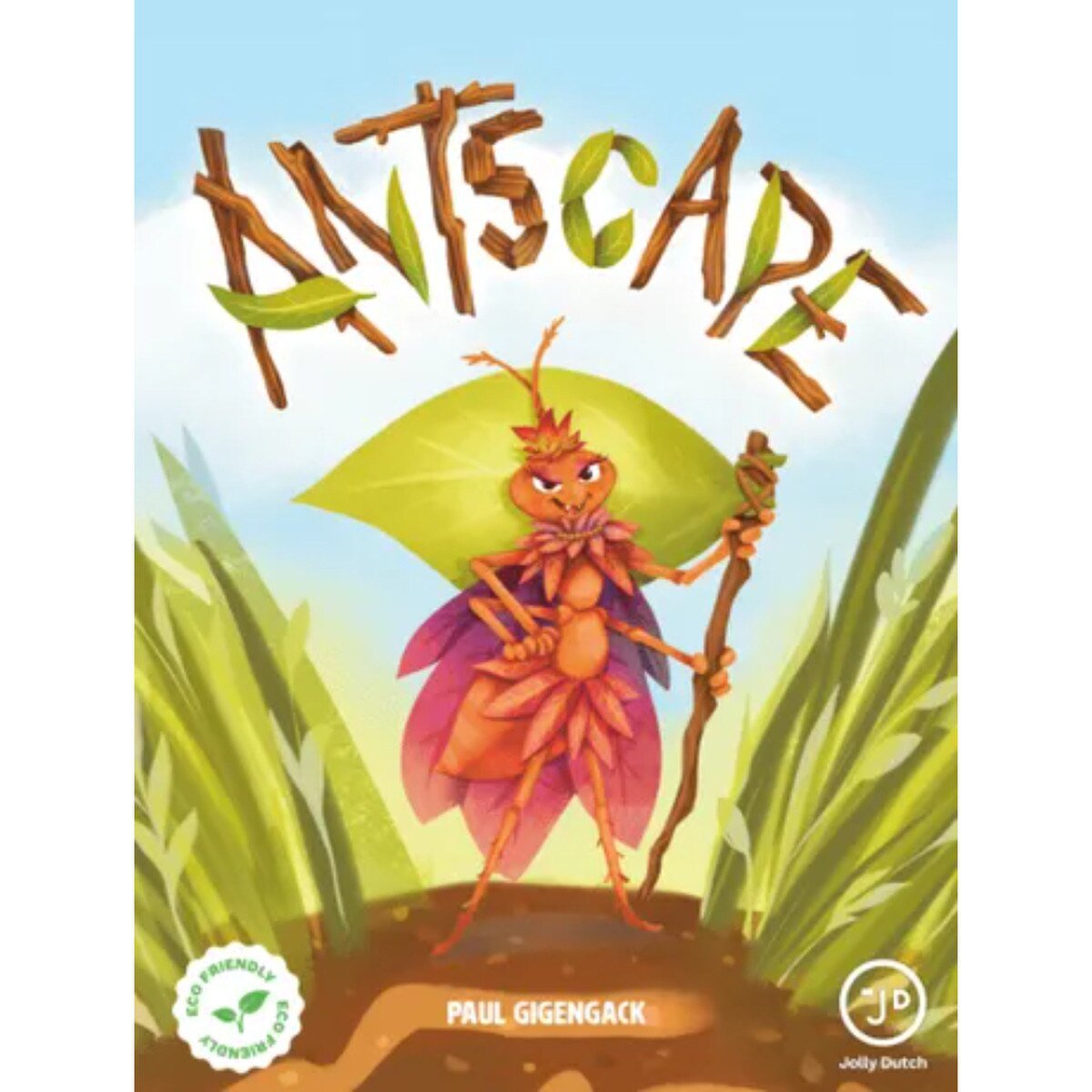 Antscape Card Game front cover featuring the ant queen among tall grass