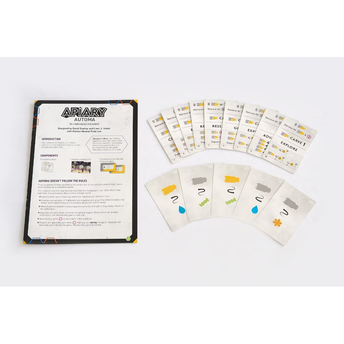 Apiary Automa solo mode rulebook and card components