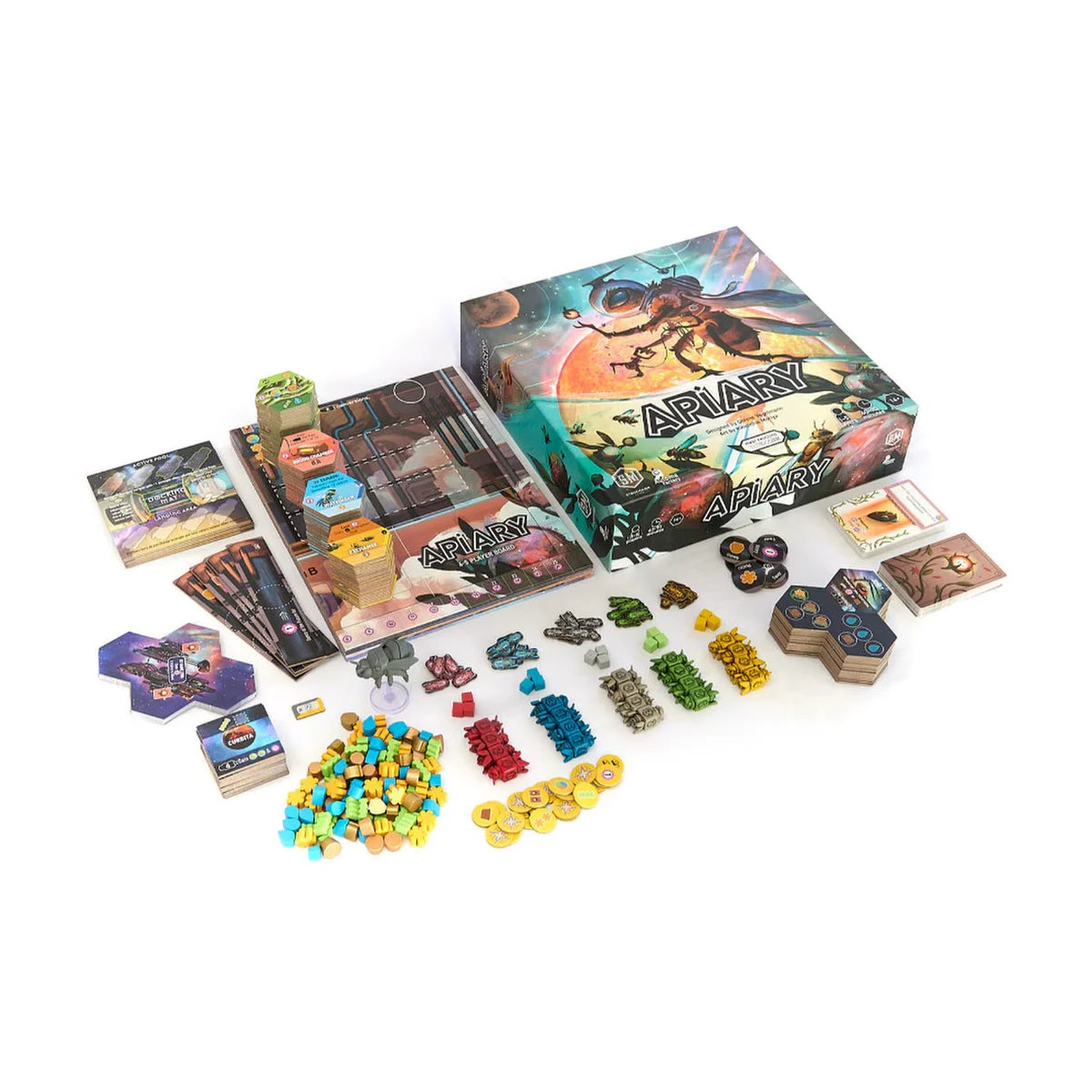 Apiary board game components including board, hive tiles, cards, workers and resource tokens