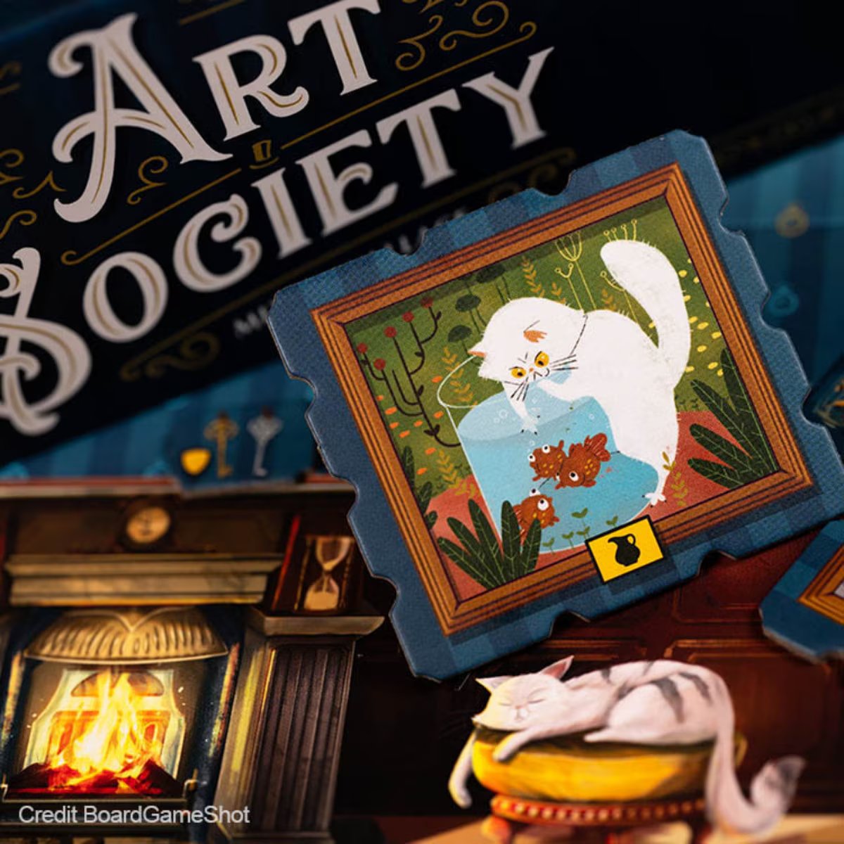 Art Society cat painting tile close-up with gallery theme