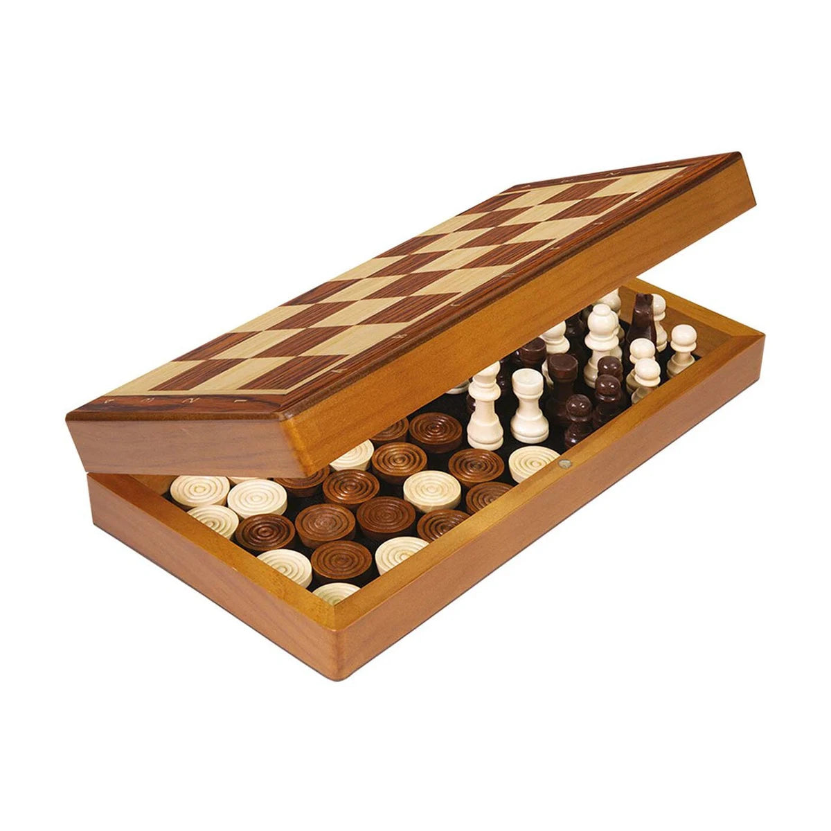 Asmodee Chess and Checkers foldable wooden board opened to show built-in storage for chess and checkers pieces