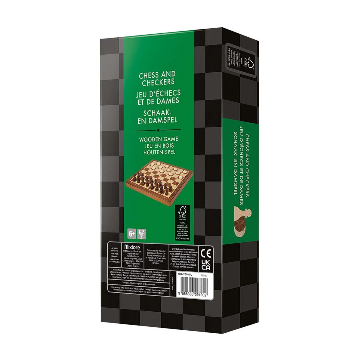 Asmodee Chess and Checkers Folding Version back box showing wooden game details and foldable storage design