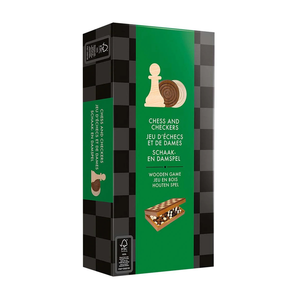 Asmodee Chess and Checkers Folding Version front box showing the wooden 2-in-1 classic game set