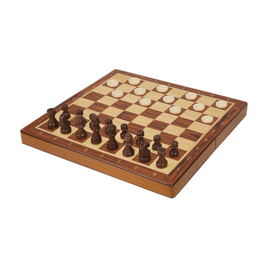 Asmodee Chess and Checkers folding wooden game set showing chess pieces and checkers pieces on the wooden board