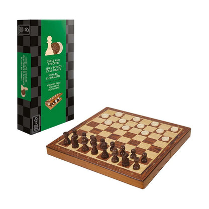 Asmodee Chess and Checkers wooden game set with packaging and foldable board for two classic strategy games