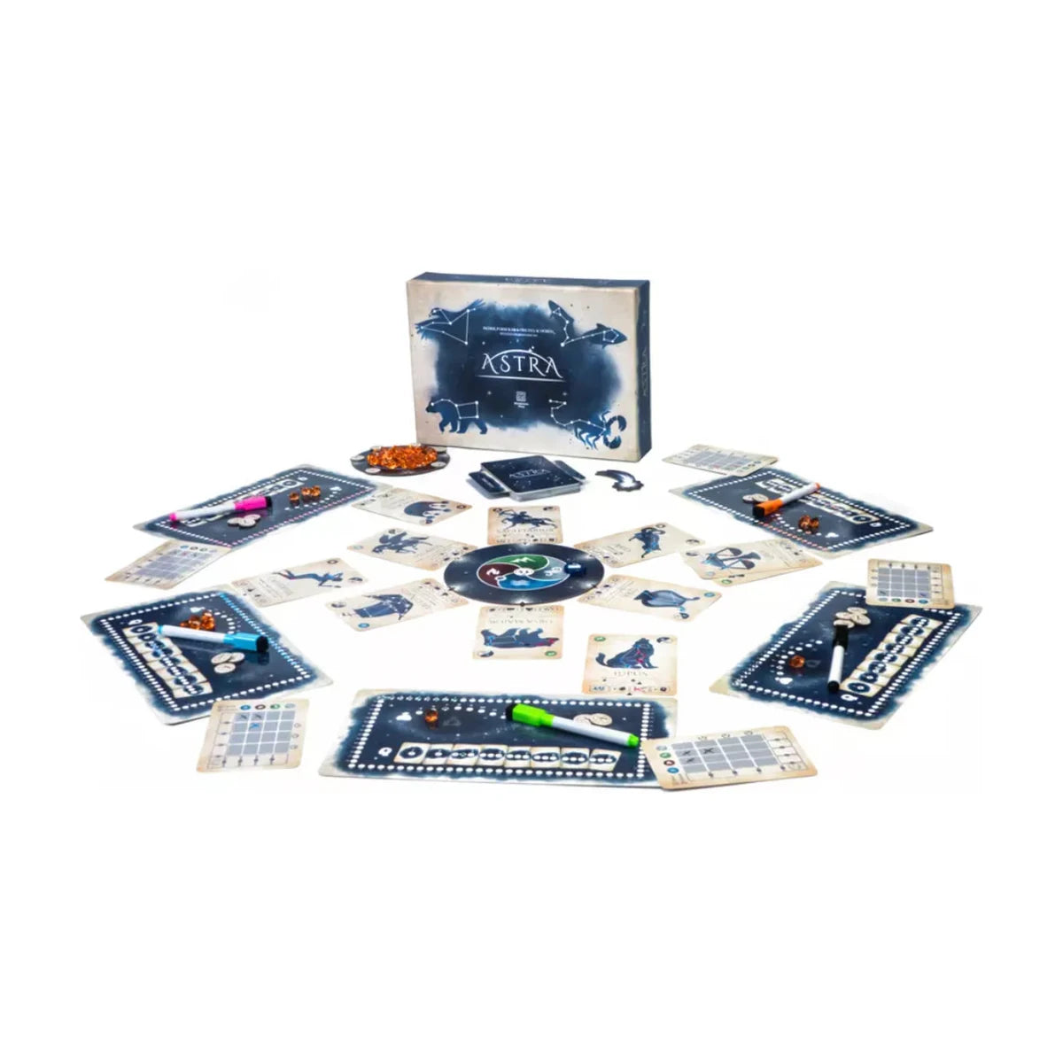 Astra strategy board game full play setup with constellation cards, player mats, markers and tokens
