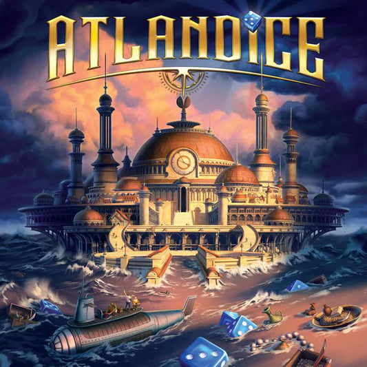 Atlandice dice drafting strategy board game box front with Atlantis artwork