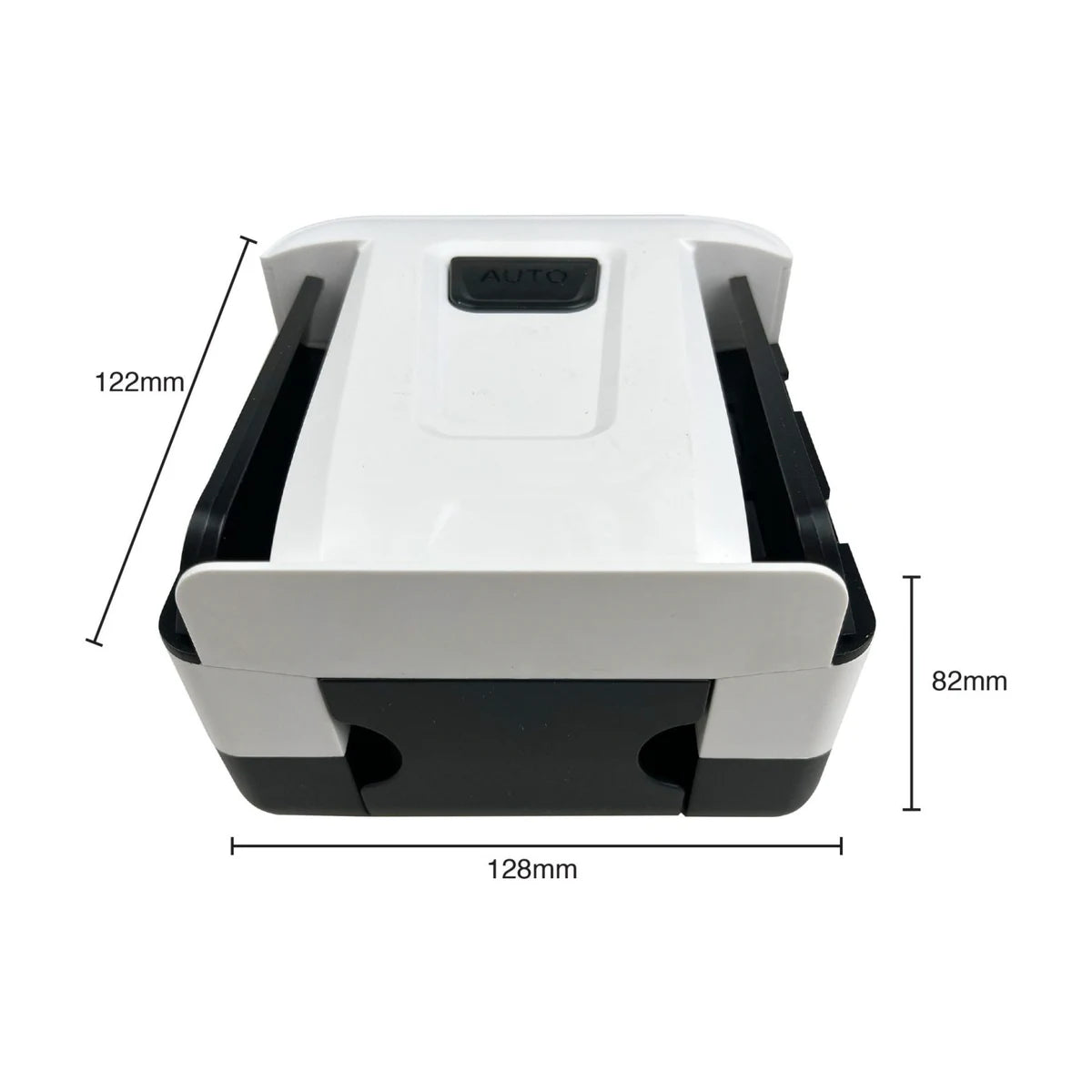 Automatic card shuffler dimensions showing 12.8 cm width, 12.2 cm depth and 8.2 cm height