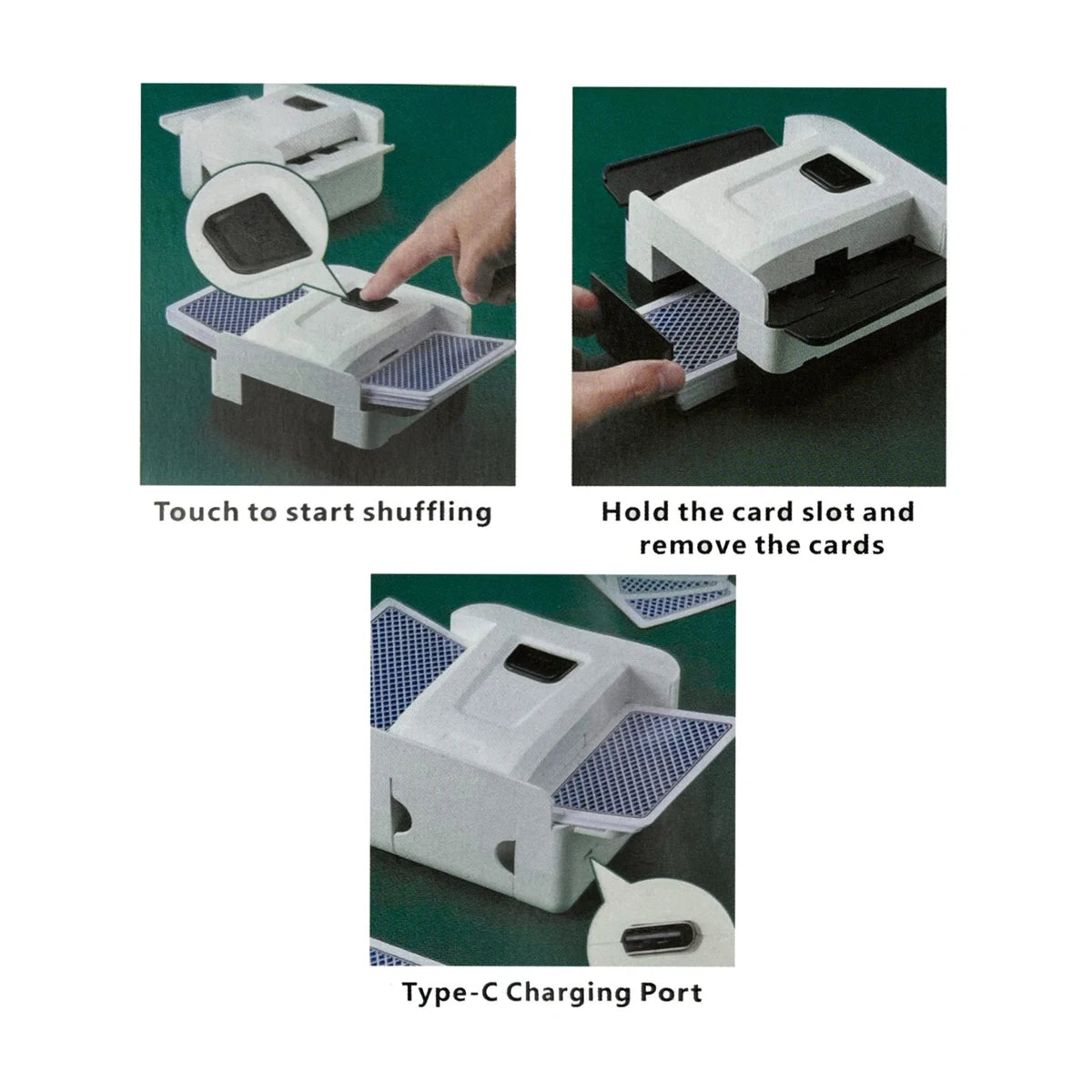 Automatic card shuffler instructions showing one-button shuffling, card removal and Type-C charging port
