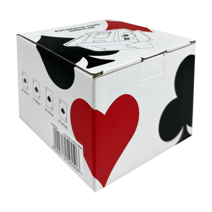 Packaging for automatic card shuffler showing compatible playing card sizes