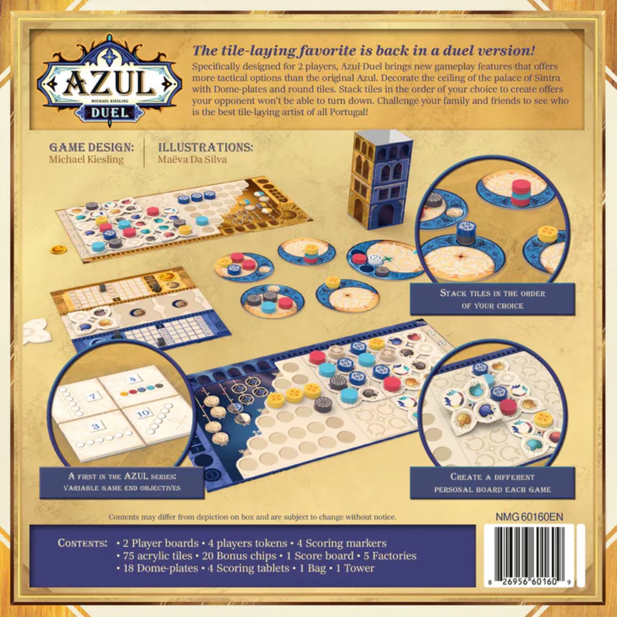 Azul Duel board game back of box showing features and contents