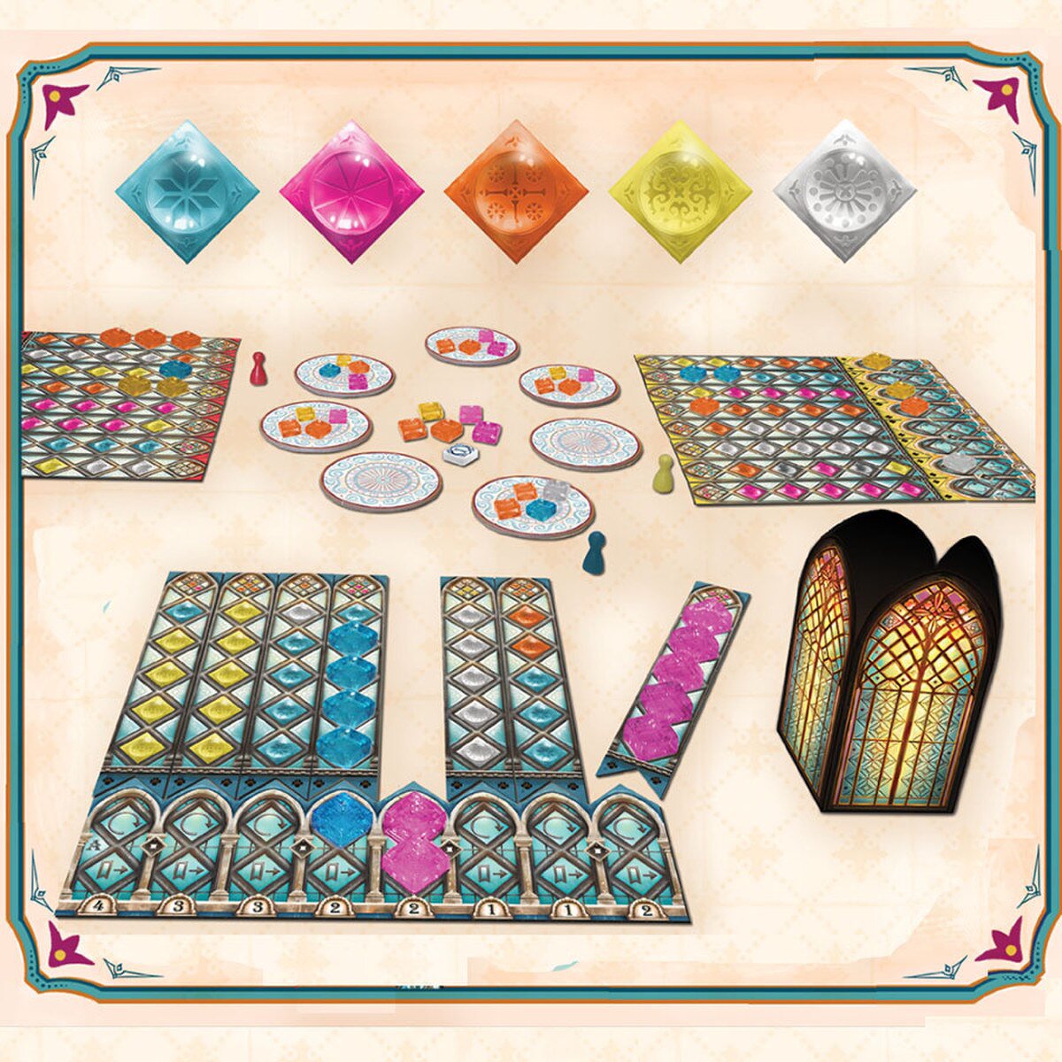 Azul Stained Glass of Sintra board game gameplay setup with colourful pane pieces