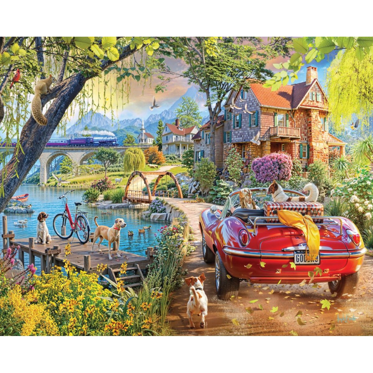 Completed Back Home 1500pc jigsaw puzzle artwork showing dogs, countryside homes, water, bridge and red car