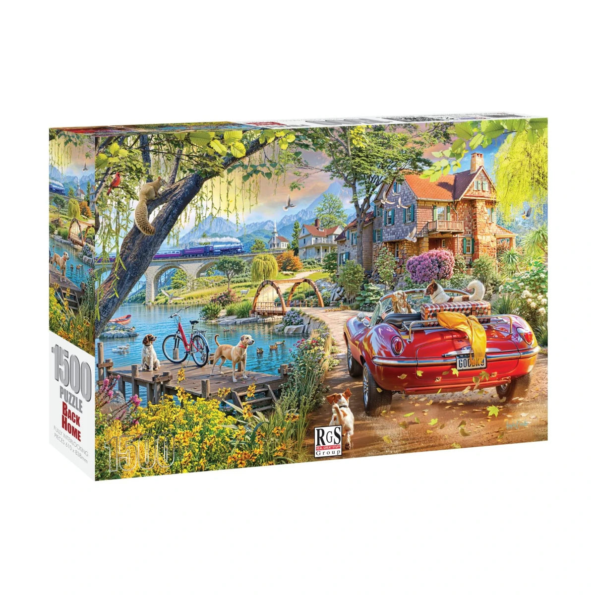 Back Home 1500pc jigsaw puzzle box showing countryside scene with dogs and red classic car