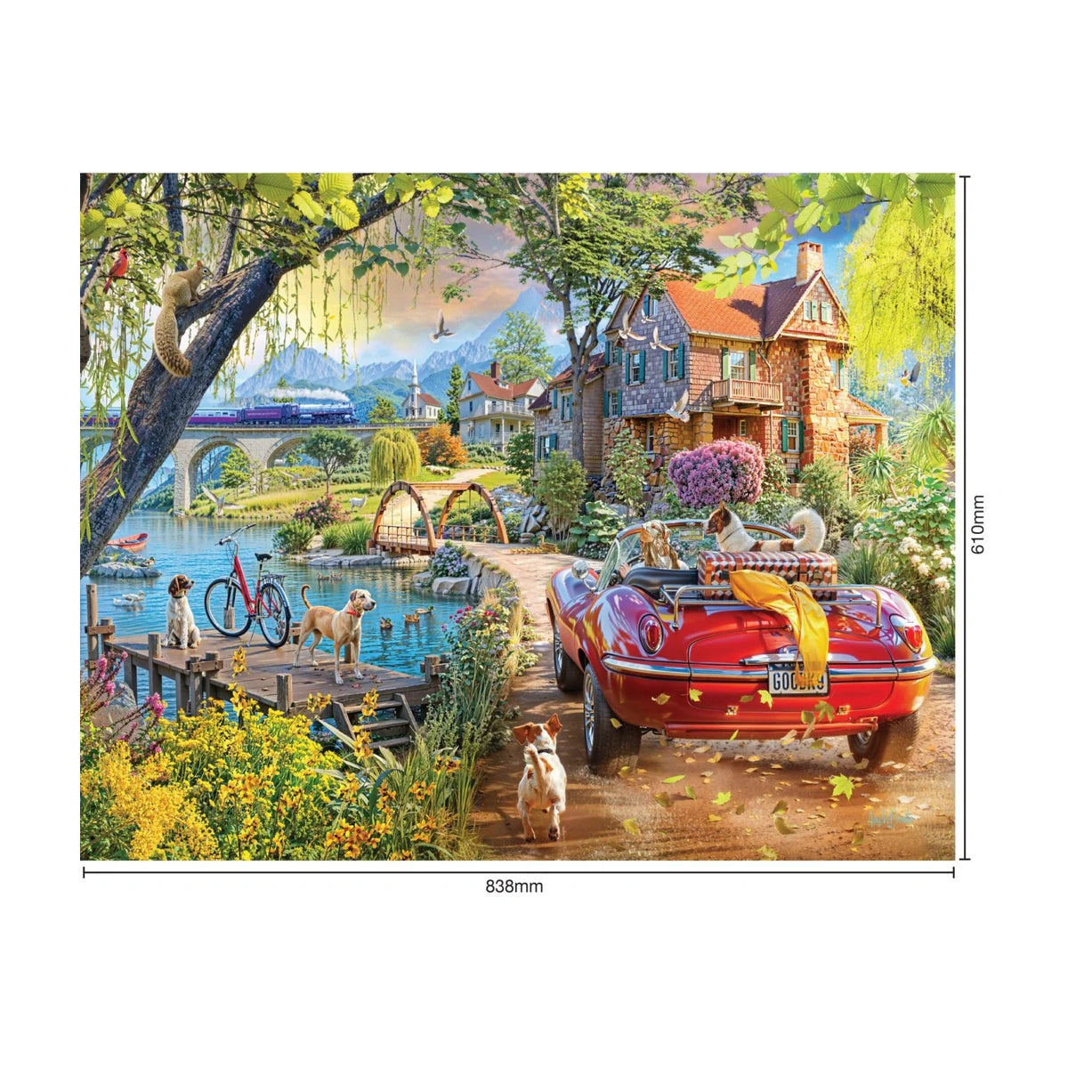 Back Home 1500pc jigsaw puzzle size guide showing finished size 838 by 610 mm