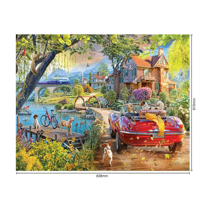 Back Home 1500pc jigsaw puzzle size guide showing finished size 838 by 610 mm