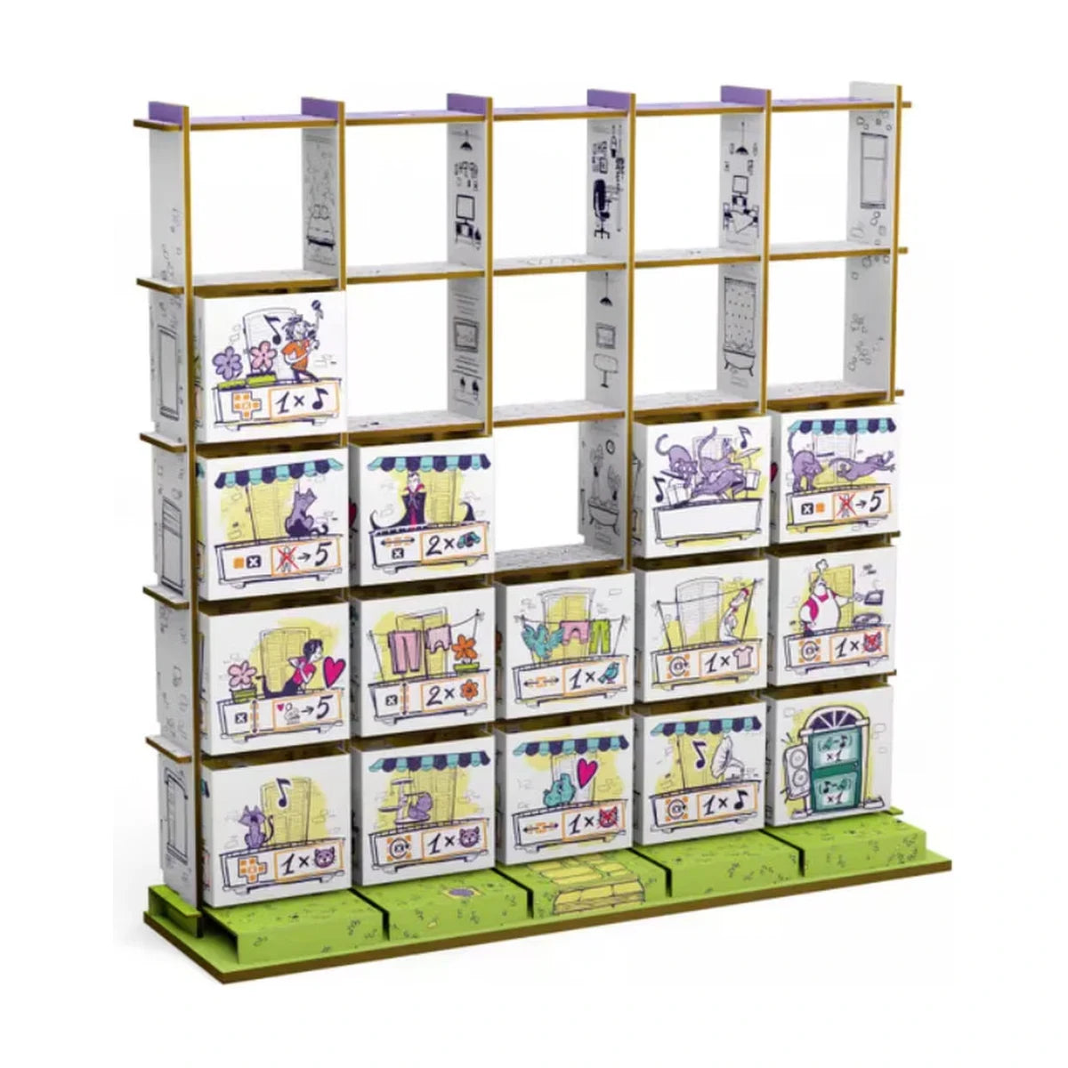 Balconia 2 player board game apartment grid with stacked building blocks and balcony scoring conditions
