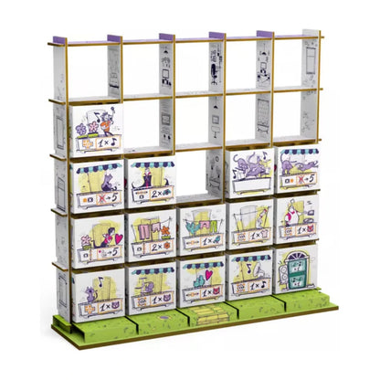 Balconia 2 player board game apartment grid with stacked building blocks and balcony scoring conditions