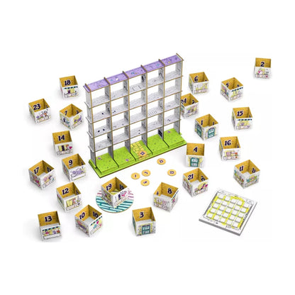 Balconia 2 player board game components display with apartment grid building blocks selection disc tokens and score pad
