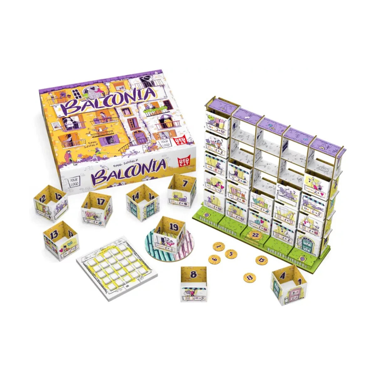 Balconia 2 player board game gameplay setup with box upright apartment grid blocks disc and scoring tokens