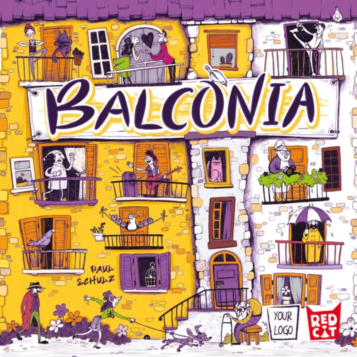 Balconia 2 player tactical board game box front with illustrated apartment balconies